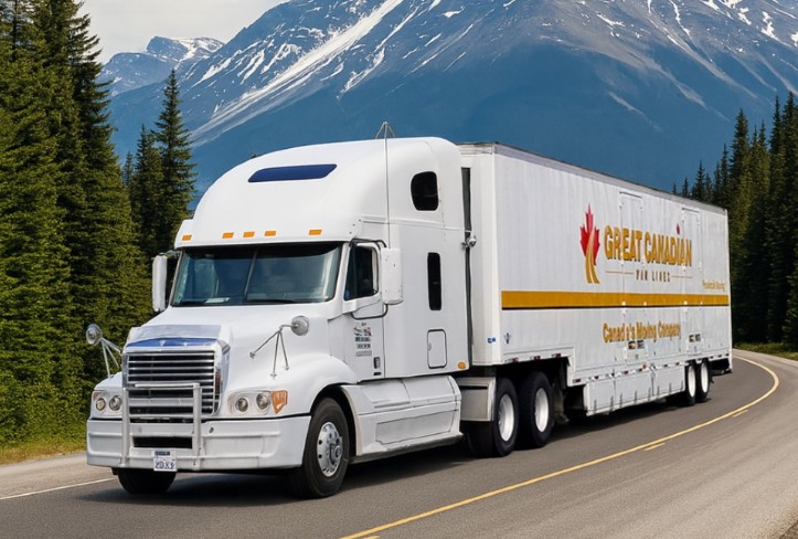 Great Canadian Van Lines truck crossing Rocky Mountains on Montreal to Vancouver moving route - 4800km cross-country moving service